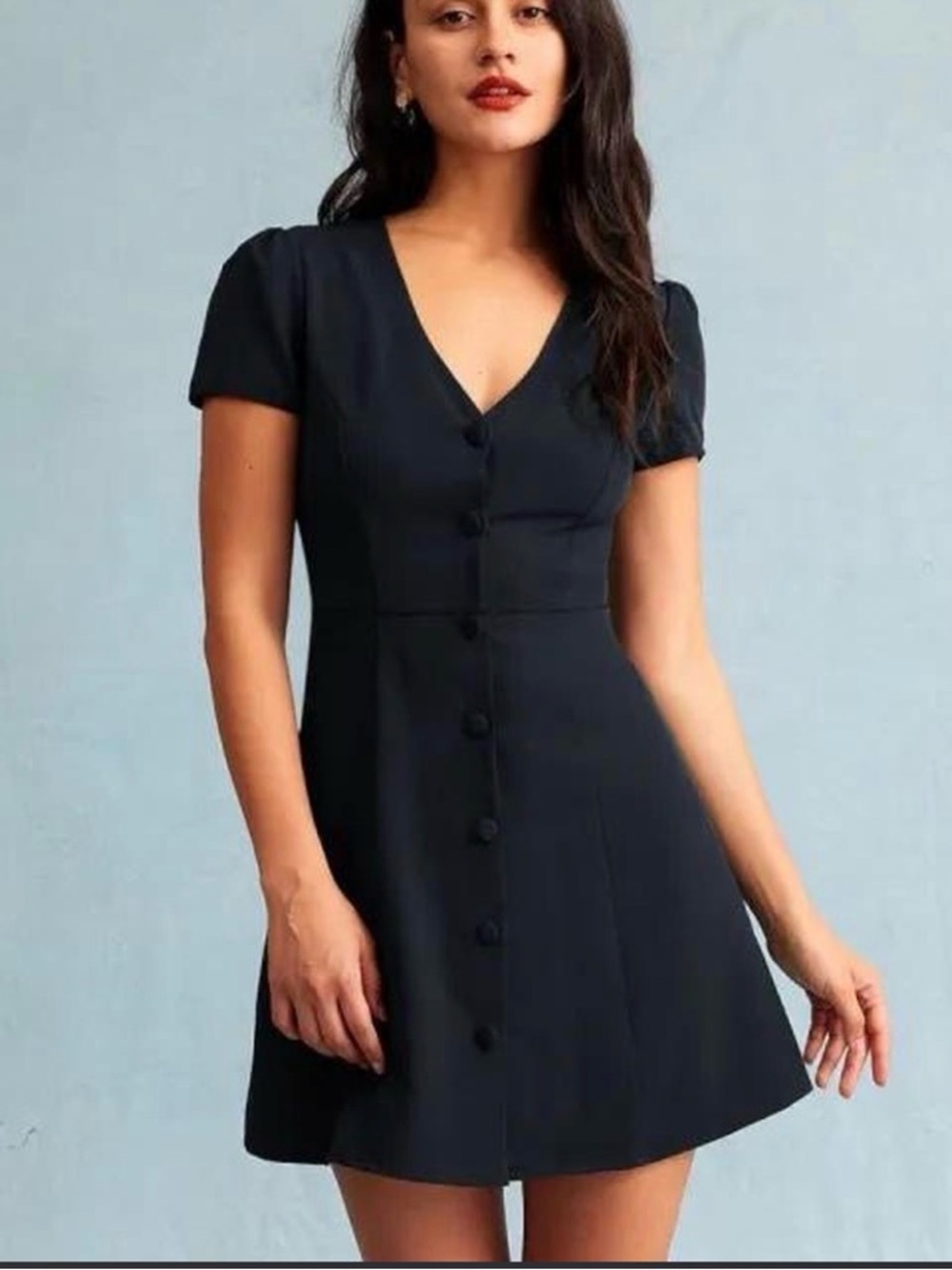 RIHOAS V-Neck Short Sleeve Black Button-Front Mini Dress
